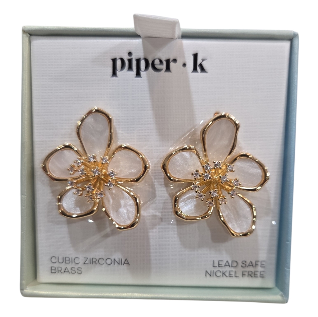 Piper K Beautiful Floral Cubic Zirconia Gold White Flower Stud Earrings